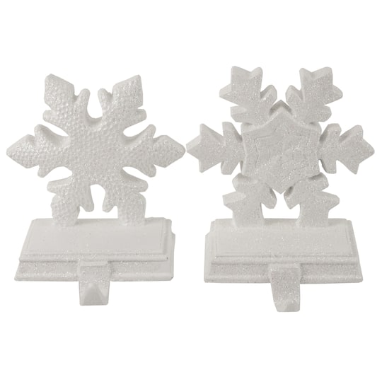 White Glittered Snowflake Christmas Stocking Holder Set